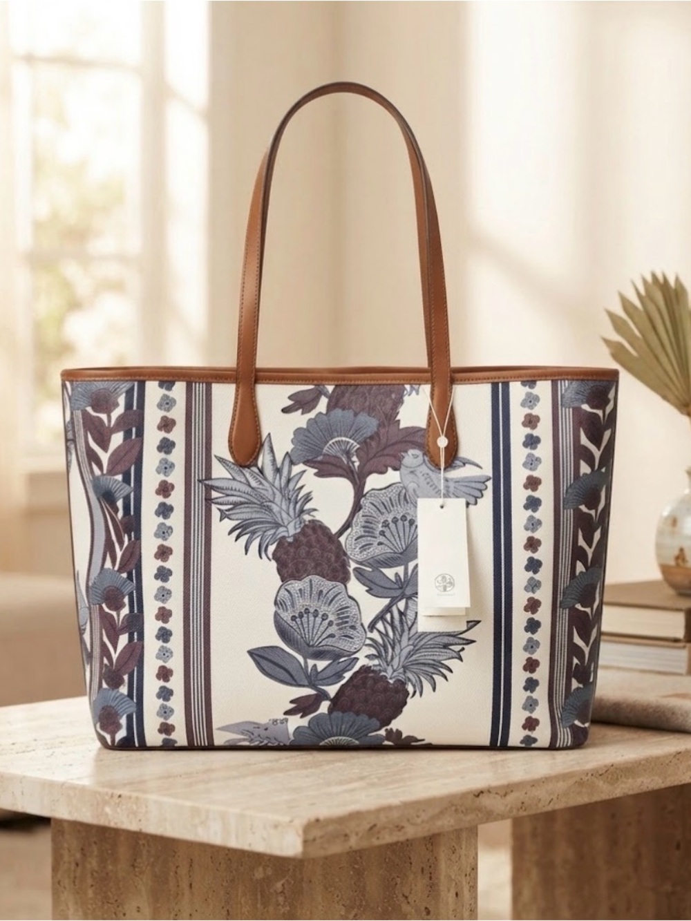 TORY BURCH FLORAL WINE PERRY LARGE TOTE LAPTOP TRAVEL HANDBAG WORK VACAT…